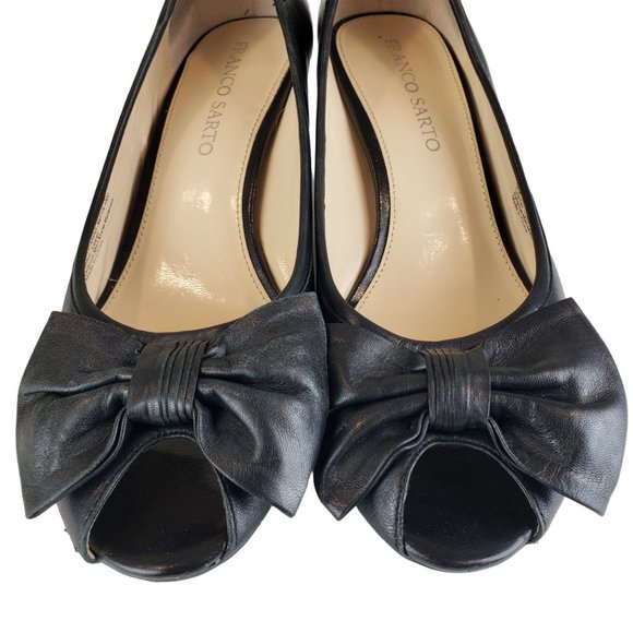 Franco Sarto Black Leather Open Toe Pump Kitten Heels with Bow 9M - Picture 5 of 10
